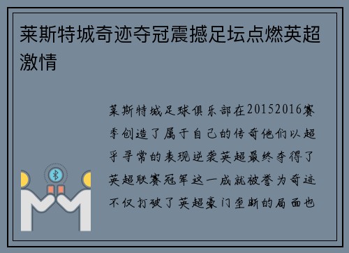 莱斯特城奇迹夺冠震撼足坛点燃英超激情 莱斯特城奇迹夺冠震撼足坛点燃英超激情