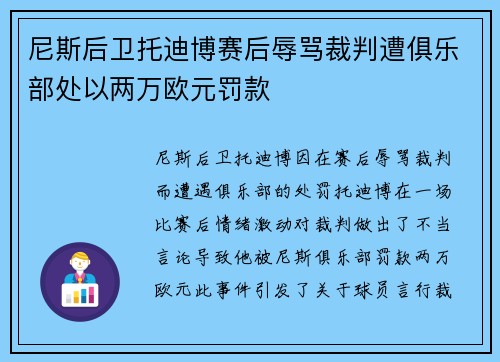 尼斯后卫托迪博赛后辱骂裁判遭俱乐部处以两万欧元罚款